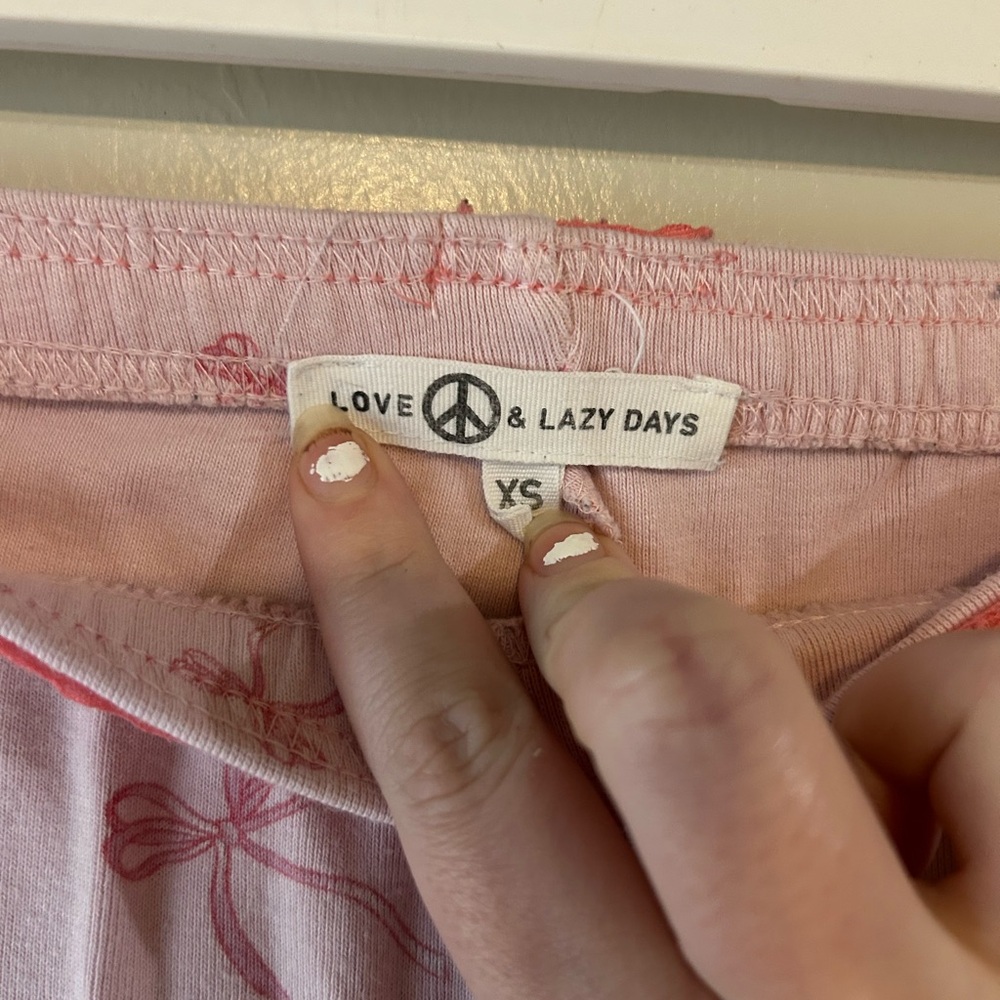Love Peace & Lazy Days Baby Pink Bow Coquette Girly 100% Cotton Pajama Pants XS - Picture 6 of 7